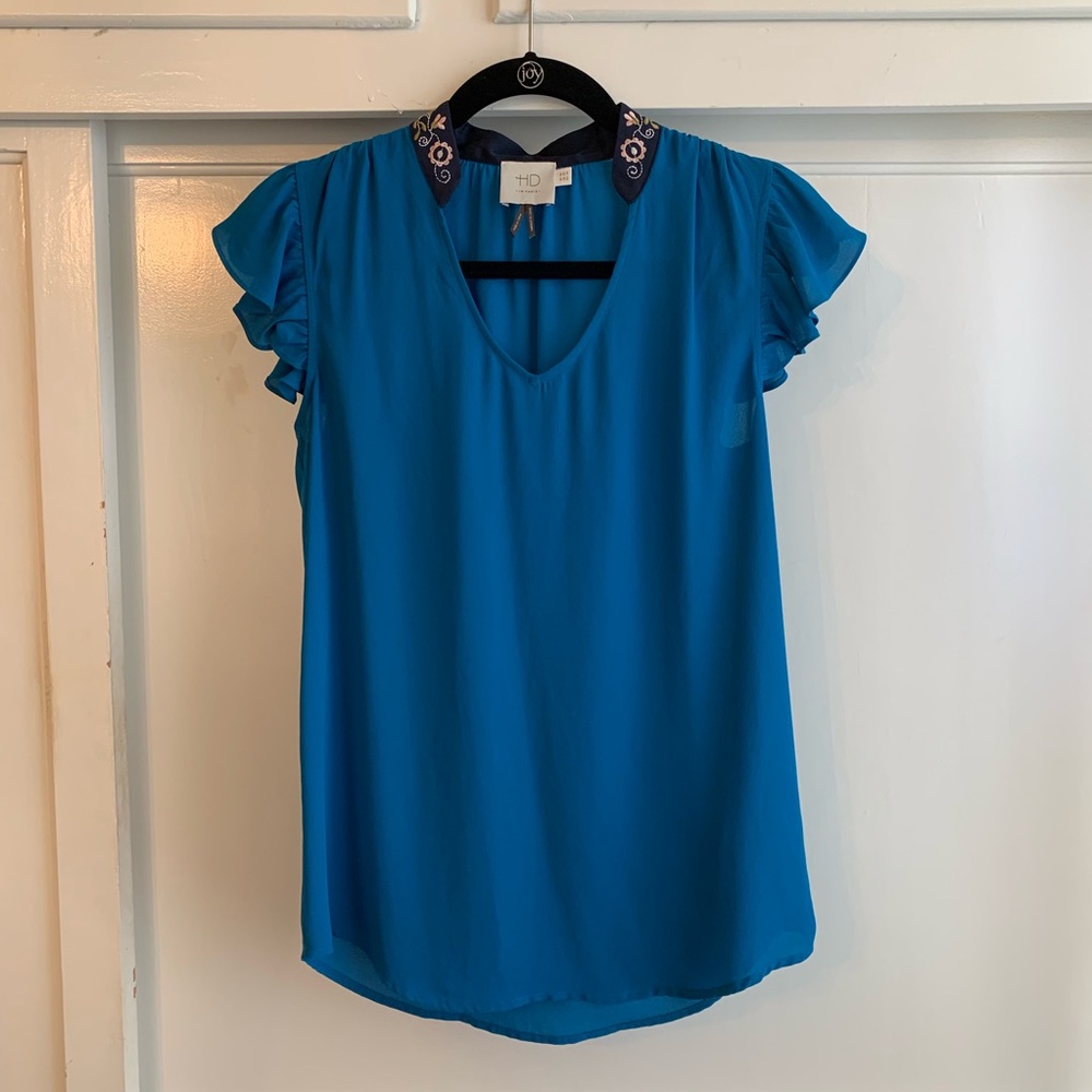 Blue Anthropologie blouse with embroidery